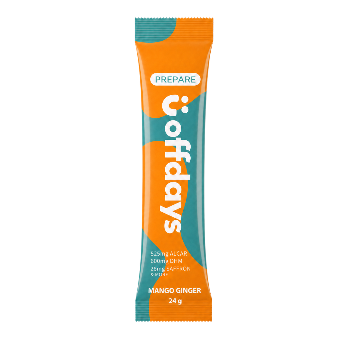 A single Prepare supplement stick pack in Mango Ginger flavor, featuring a bright orange and teal color scheme with white text, centered on a plain white background.