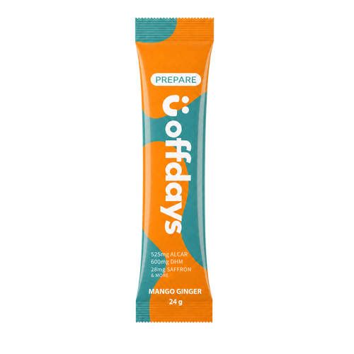 A single Prepare supplement stick pack in Mango Ginger flavor, featuring a bright orange and teal color scheme with white text, centered on a plain white background.