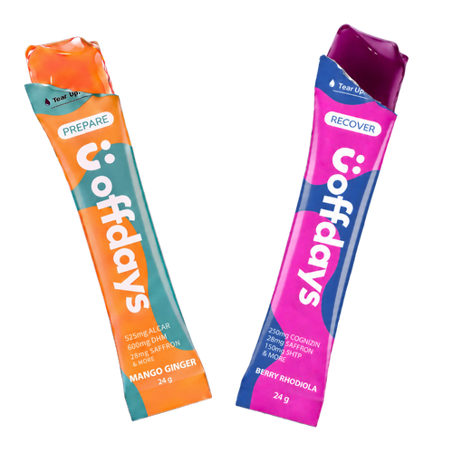 Two Prepare & Recover jelly stick packs. The left pack is Mango Ginger, featuring an orange and teal design, while the right pack is Berry Rhodiola, featuring a pink and blue design.