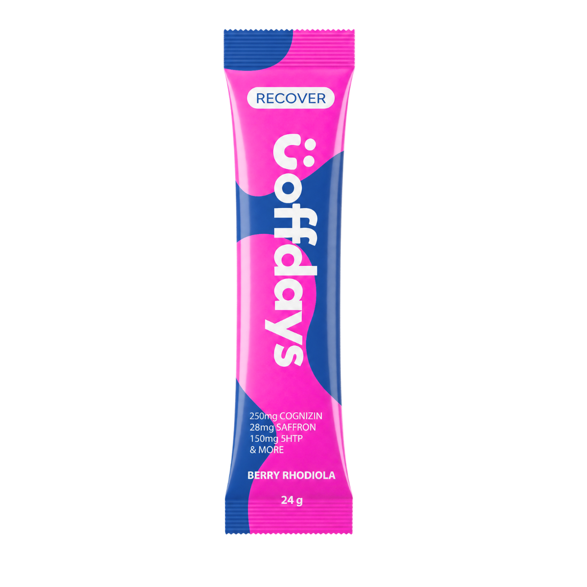 A single stick pack of Recover supplement jelly stick, featuring a vibrant pink and blue design with white text. Flavor is berry rhodiola.